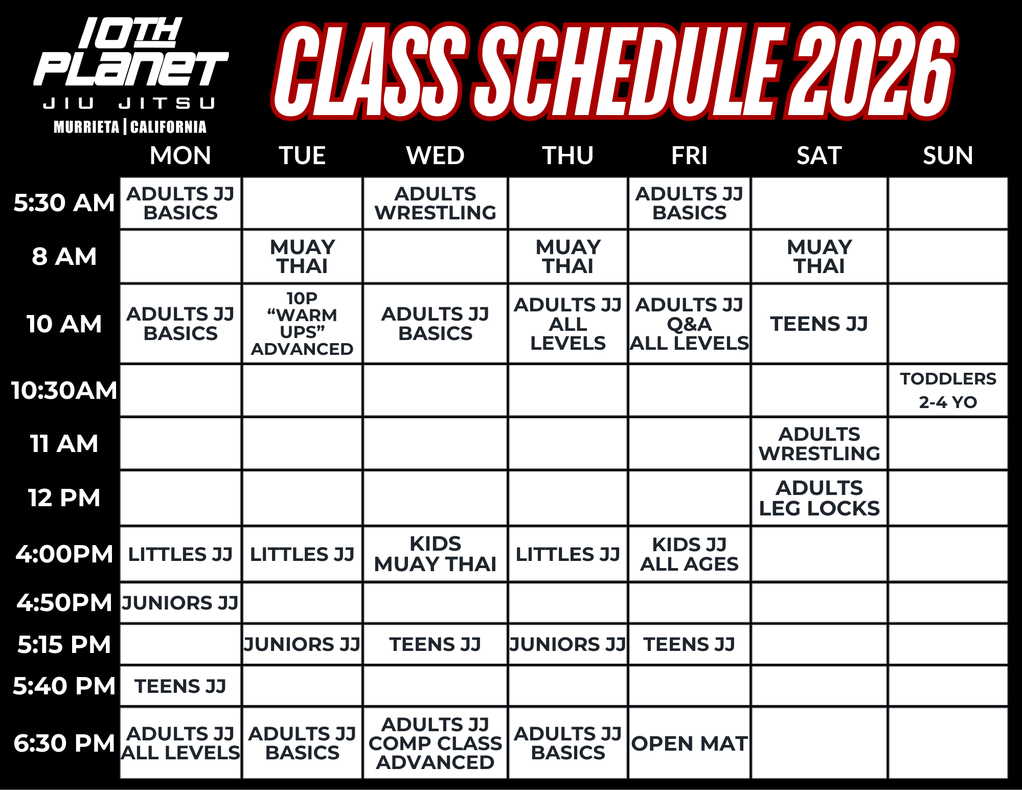 10th Planet Jiu Jitsu Murrieta 2026 Class Schedule